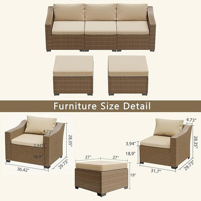 LHBcraft Patio Conversation Set Rattan Outdoor Sectional Furniture Sofa Set Wicker Couch with Coffee Table and Cushions for Poolside, Backyard (Yellow-Beige, 5-PCS)