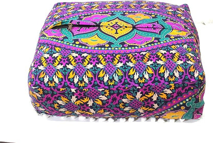 CRAFT KALA Large Hippie Mandala Meditation Floor Ottoman Pillow Cushion Pouf Cover Square Poufs Bohemian Circle Floor Cushion Case Outdoor Fireplace Yoga Living Room Decor Cover New Pink, 16" Square