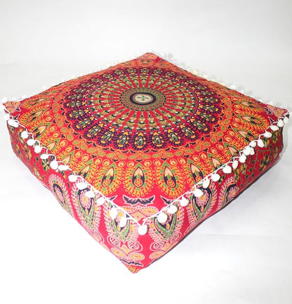 CRAFT KALA Red Peacock Large Hippie Mandala Meditation Floor Ottoman Pillow Cushion Pouf Cover Square Poufs Bohemian Circle Floor Cushion Case Outdoor Fireplace Yoga Living Room Decor Cover 16" Square