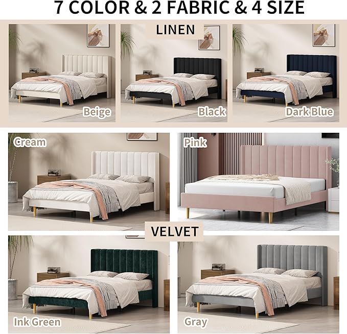 Queen Size Upholstered Platform Bed Frame with Modern Wingback & Vertical Panel Headboard, Linen Fabric, Wooden Legs & Slats Support, No Box Spring Needed, Noise-Free & Easy Assembly, Beige