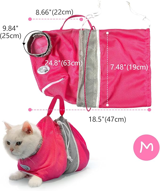 Cinf Cat Bathing Bag, Breathable Mesh Anti Scratch Adjustable Cat Grooming Bag for Nail Trimming, Bathing Soft Cat Washing Bag(Pink) M