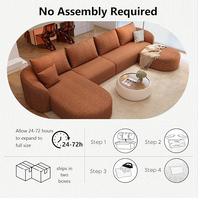 138.6" Modular Sectional Couches Luxury Modern Curved Back U-Shape Sofa Set with Ottoman,Minimalist Comfy Boneless Cloud Couch for Living Room Apartment,(Left Facing Chaise,Orange)