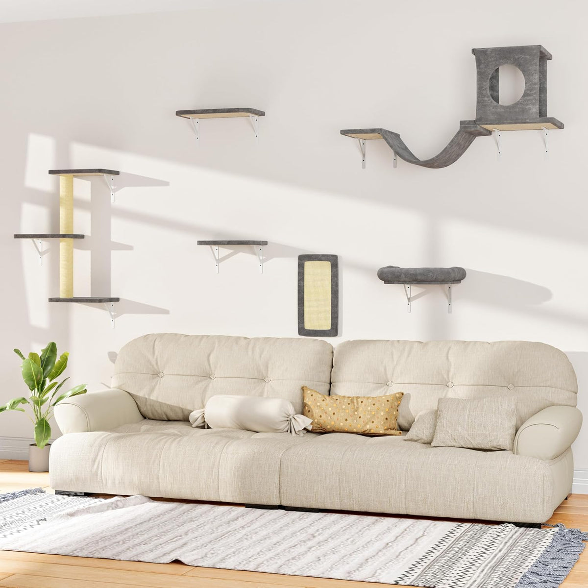 NUNU LAB Wall Mounted Cat Furniture, 6 Pcs Cat Wall Shelves with Condo House, Bridge, Steps, Scratcher, Hammock, Indoor Safe & Stable Furniture for Kittens Play, Gray