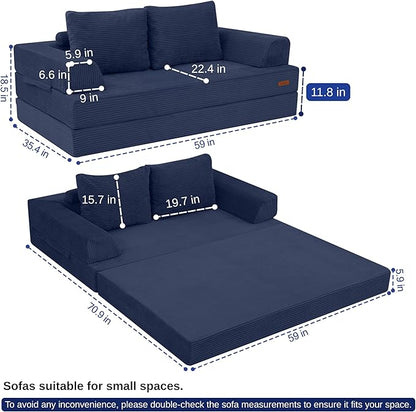 COMAX Convertible Sofa Bed, Folding Floor Couch Corduroy Fold Out Couch Bed Futon Sleeper Mattress with Pillows, Boneless Sofa Comfy Lounge Loveseat for Living Room Bedroom, Navy