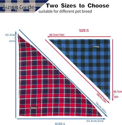 Adjustable Plaid Dog Bandanas,1PC Soft Washable Cotton Triangle Bib Kerchief Scarfs for Small Medium Large Dogs and Cats (Brown&Blue, Large)