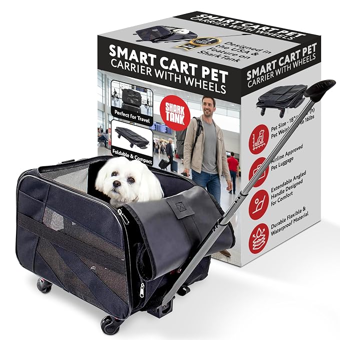 dbest products Pet Smart Cart, Medium, Black, Rolling Carrier with wheels soft sided collapsible Folding Travel Bag, Dog Cat Airline Approved Tote Luggage backpack