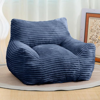 Giant Bean Bag Chair for Adults, Corduroy Upholstered Beanbag Chair with Side Pocket, Comfy Bean Bag Sofa with Portable Handle, Floor Sofa Chair for Bedroom (Blue)