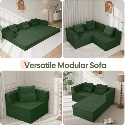 COMAX Futon Sofa Bed 3 Seater, 106" Convertible Sofa Bed Couches for Living Room, 4 in 1 Folding Boneless Sleeper Corduroy Couch Foam in a Box, Comfy Foldable Lounge Fold Out Floor Mattress, Green