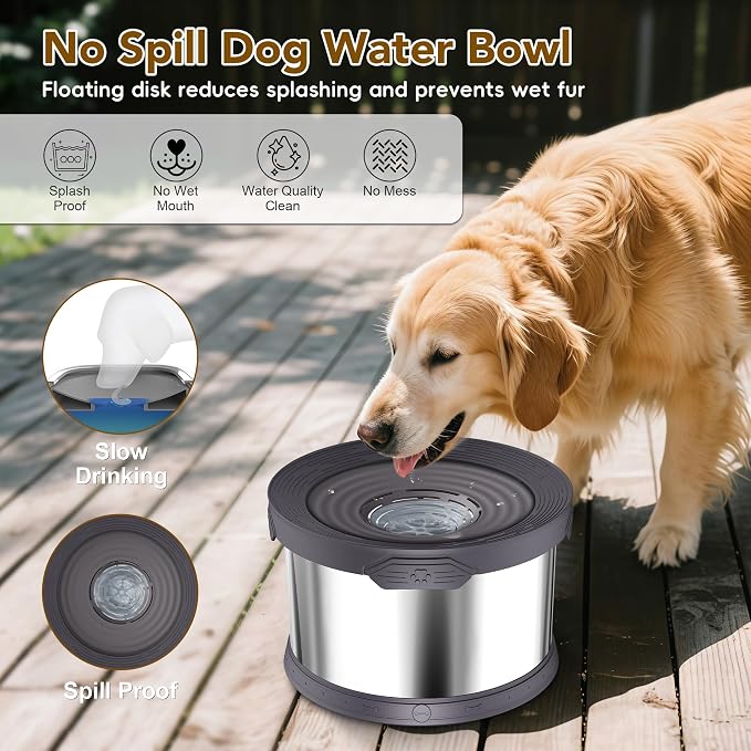 UPSKY 8L Dog Water Bowl No Spill Stainless Steel for Slow Drinking Gray | Large Capacity, Spill-proof, Non-slip Design, Durable, For Large Dogs, Messy Drinkers & Multi-pet Homes, Outdoor / Indoor