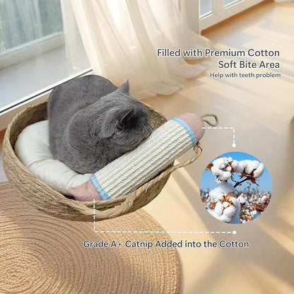 Interactive Cat Kicker Toy, 10 Inch Long Cat Scratcher Post, Natural Sisal Toy for Indoor Cats(Pink and Blue)