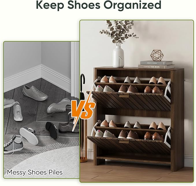Shoe Cabinet with 2 Flip Drawers, 31.5 Inch Narrow Fluted Shoe Organizer with