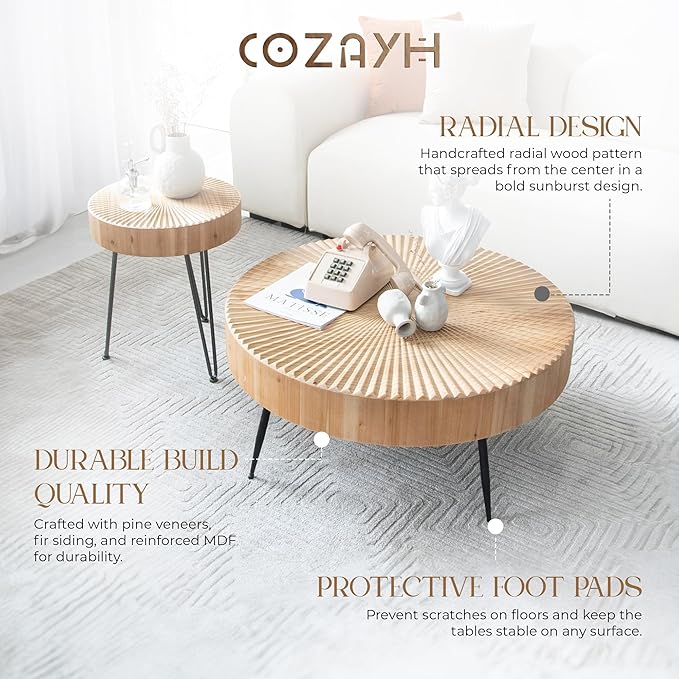 COZAYH 2-Piece Round Nesting Coffee Table Set, Natural Wood Top with Black Metal Legs, Radial Pattern – Rustic Farmhouse Accent for Living Room or Bedroom – Space-Saving Modern Furniture