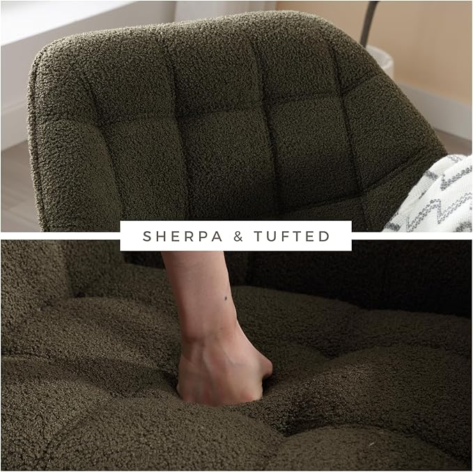 QUINJAY Modern Sherpa Accent Chair with Ottoman Set of 2, Fluffy Upholstered Lounge Chair with Footrest, Comfy Living Room Side Boucle Armchair for Small Space Bedroom, Green