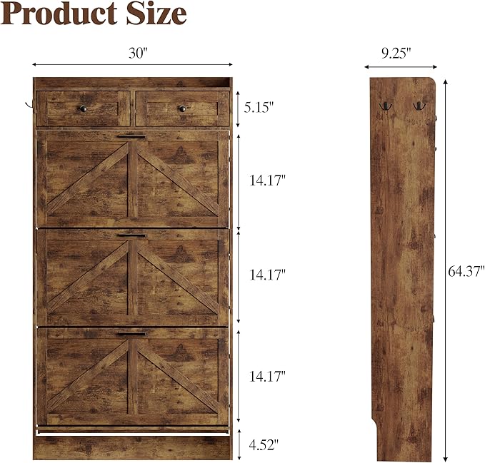 Shoe Cabinet with 3 Flip Drawers & 2 Storage Drawers, Rustic Farmhouse Narrow