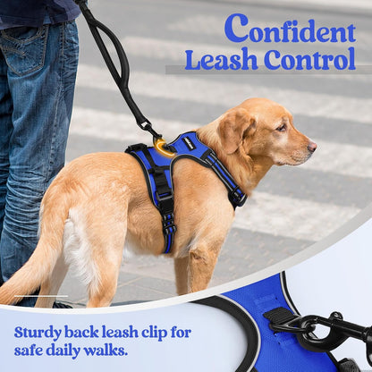 rabbitgoo Dog Harness No Pull with 2 Leash Clips, Adjustable Soft Padded, Reflective Oxford No Choke Pet Vest with Easy Control Handle for Large Dogs, Dazzling Blue, XL