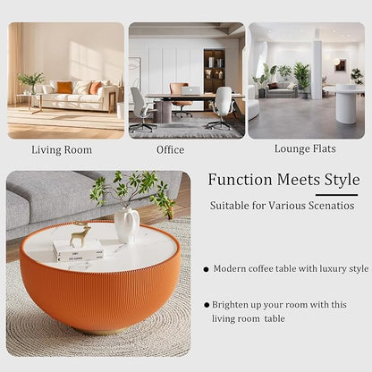 Orange Round Coffee Table with Sintered Stone Tabletop, 29.53" Drum Coffee Table with Fluted PU Leather Covered and Metal Base, Circle Cocktail Tea Table for Living Room