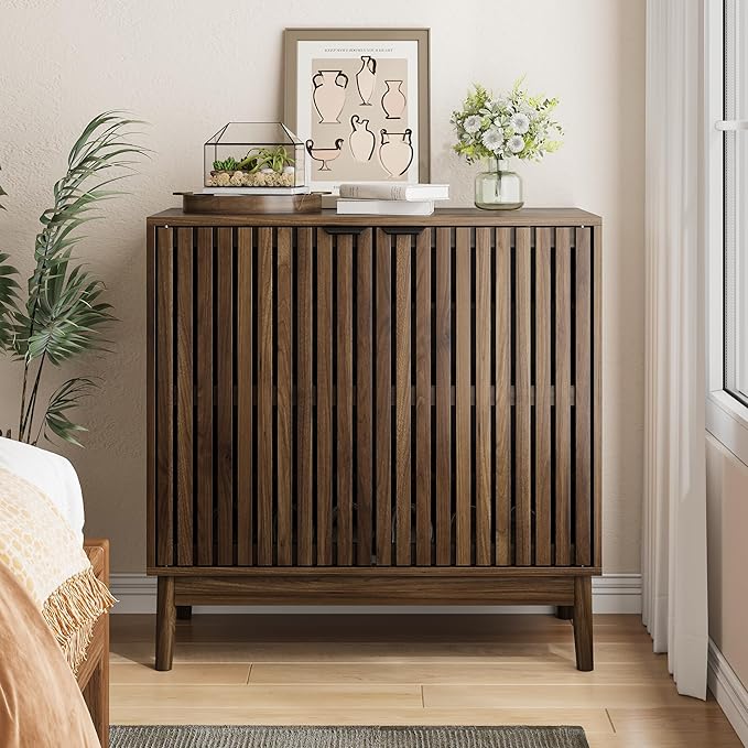 Shoe Cabinet with Slatted Doors, 4-Tier Freestanding Shoe Cabinet Storage