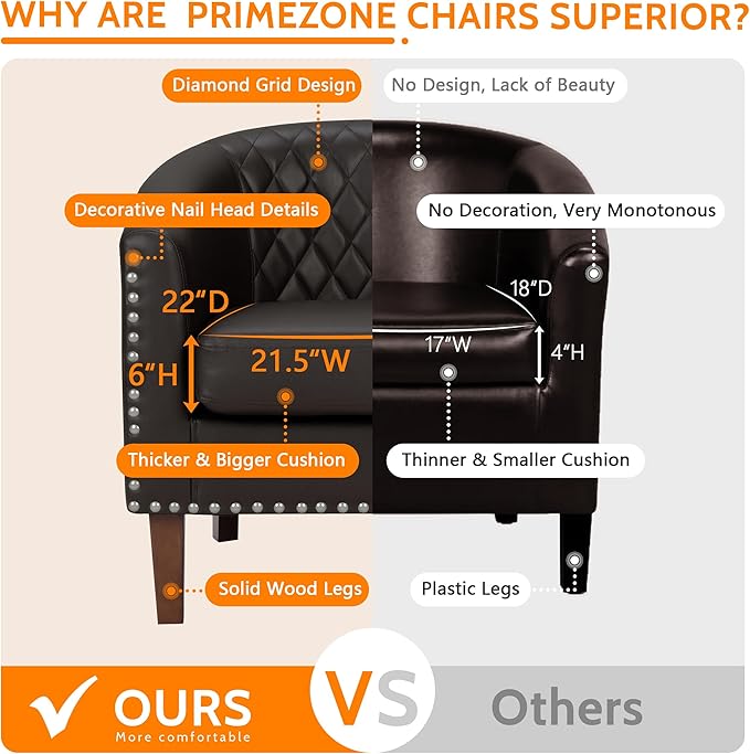 PrimeZone Barrel Chair Set of 2, Comfy Accent Chair, Faux Leather Living Room Chairs Club Chair with Cushion, Nailhead Trim and Diamond Grid Backrest, Reading Chair for Bedroom Waiting Room, Brown