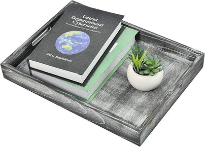 Rustic Distressed Wood Food Breakfast Serving Tray Octagon Serving Tray in Bed with Cutout Carrying Handles Coffee Office Desktop Document Holder Home Kitchen (Grey)