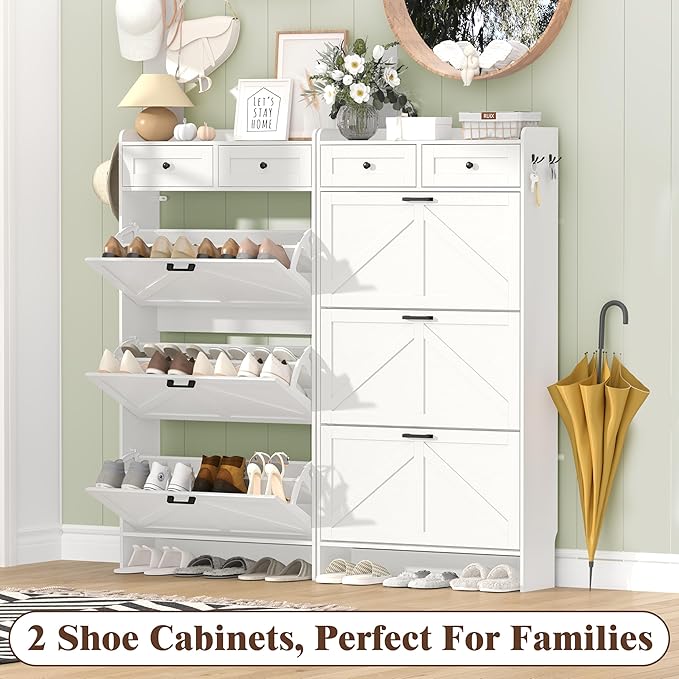 Shoe Cabinet with 3 Flip Drawers & 2 Storage Drawers, Rustic Farmhouse Narrow