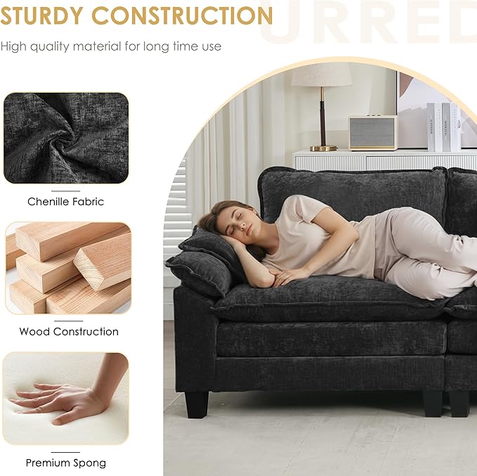 URRED Cloud Couch Modular Sectional Sofa, 122'' Modern L Shaped Deep Seat Sofa with Ottoman & Pillows, Ultra Comfy Chenille Couches for Living Room, Bedroom or Apartment, Black