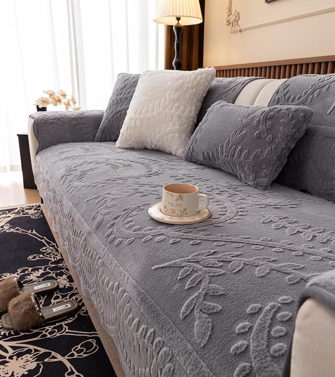 Grey Fuzzy Rabbit Plush Sofa Cover Cozy Warm Sofa Couch Covers with 3D Jacquard Leaf Pattern Non-Slip Easy-to-Install Shaggy Sofa Slipcover Prefect for Kids Dogs Cats Cats(Grey,36"x94")