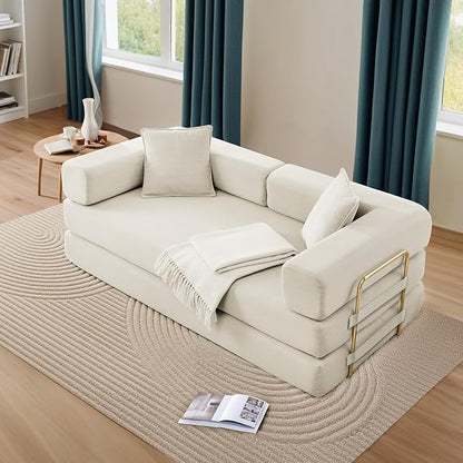 Antetek Convertible Futon Sofa Bed, 3-Seater Modern Corduroy Foam Floor King Size Bed Fold Out Sleeper Lounge Loveseat Sofa Couch with 2 Throw Pillows for Living Room Bedroom Guest Room, Beige