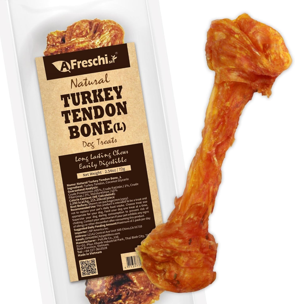 AFreschi Turkey Tendons for Dogs, USA-Sourced, Healthy Dog Treats, Rawhide-Free Puppy Chews, Long Lasting, All Natural, Hypoallergenic Dog Treats for Large Breeds, 1 Count Pack Bone (L)