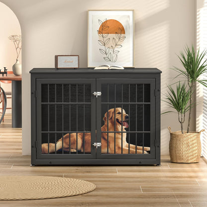 42" Heavy Duty Dog Crate Furniture for Large and Medium Dogs, Enclosed Design Wooden Metal Kennel, Wooden Cage Furniture Indoor, Decorative Dog Kennel End Table