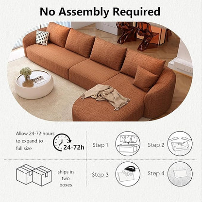 138.6" Modular Sectional Couches Luxury Modern Curved Back Sofa,Minimalist Comfy L-Shape Boneless Cloud Couch for Living Room Apartment,(Right Facing Chaise,Orange)