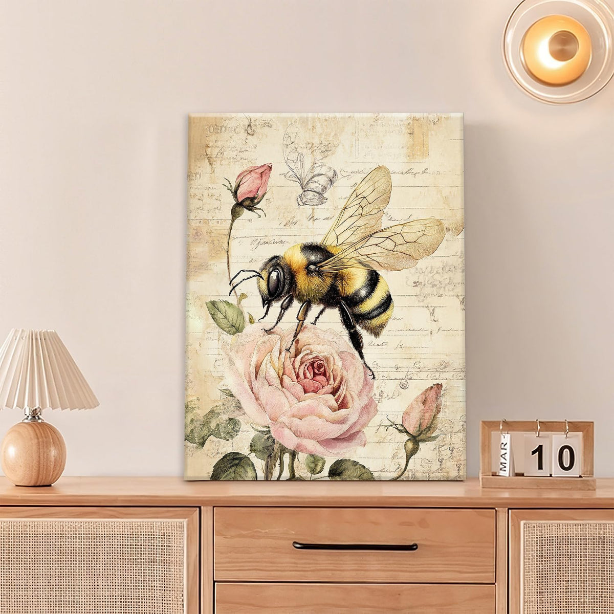 Rustic Bee Bathroom Pictures Wall Art, Vintage Floral Bathroom Wall Decor, Pink Rose Flower Framed Painting Canvas Artwork for Bedroom Living Room Decorations 20"L x 16"W