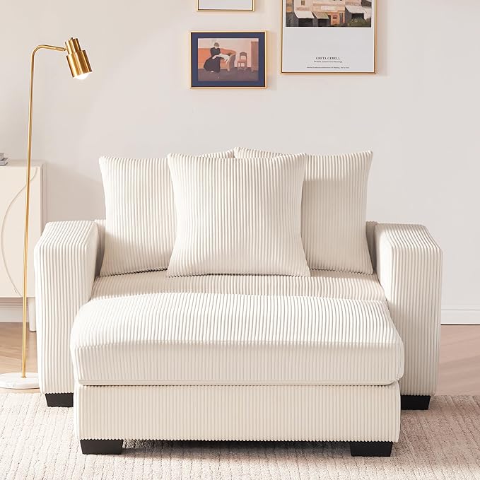 58.3" Oversized Chaise Lounge Indoor for Living Room, Solid Wood Comfy Sleeper Reclining Sofa with Thickened Cushions Widened Armrests for Bedroom, Deep Seat Lounge Sofa with Ottoman, Beige