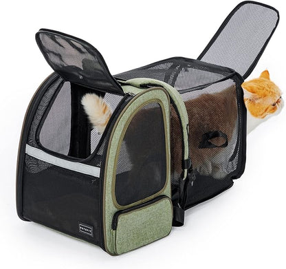 Petsfit Expandable Cat Backpack Carrier for Cats and Small Dogs, 18 lb | 65% expandable rest zone, padded waist belt, airflow back panel, locking zippers, safety tether and washable dual-sided mat.