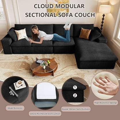 Cloud Sectional Couch,136 Inch Modular Sectional Sofa with Deep Seat, Modern Corduroy Boneless Couches with L-Shape Chaise for Living Room Bedroom, No Assembly Required (Black, Right Facing Chaise)