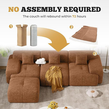 122" Modern L Shaped Modular Sectional Sofa, Boneless Couches for Living Room with Ottoman,4 Seater Convertible Chenille Cloud Couch Sofa Set, No Assembly Required, Orange 1 PCS