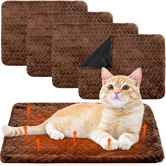 4 Pack Self Heating Cat Pad 16 x 20 Inch Self Warming Cat Bed Non Slip Warm Dog Pad Mat Washable Pet Kennel Crate Bed Mat for Indoor Outdoor Pets(Dark Coffee,16 x 20 Inch)