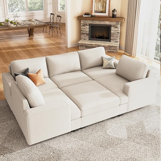 Nolany Modular Sectional Couch with Storage Ottoman, Corduroy Sleeper Sectional Sofa with Chaise, Sectional Couches for Living Room, Beige