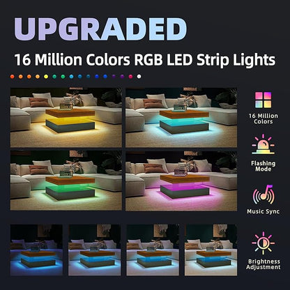 LED Coffee Table for Living Room, 2-Tier Modern Square Center Table with Music Sync Lights, High Gloss Surface, 30 3/4" x 30 3/4" (Rustic Brown+Black)