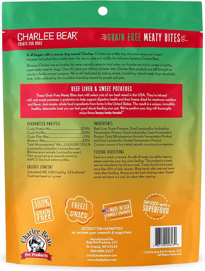 Charlee Bear Grain Free Meaty Bites Freeze Dried Dog Treats with Probiotics, Puppy Training Snacks, Soft Dog Bites Beef Liver with Sweet Potato, 2.25 oz Bags (2), Made USA
