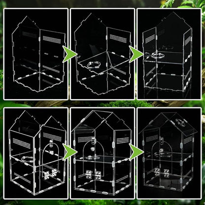 Acrylic Jumping Spider Enclosure,7.9"×7.5"×13.8", 2-Layer Arboreal Tarantula Enclosure with Partition & Feeding Hole, for Gecko Amphibians Chameleon & Small Reptiles