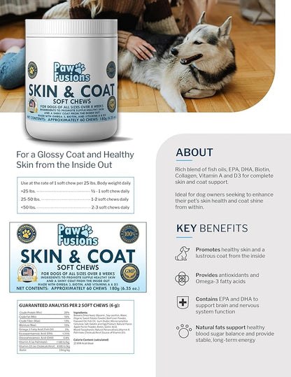 Skin and Coat Soft Chews for Dogs 60 Count - Supports Healthy Skin and a Lustrous Coat FromThe Inside