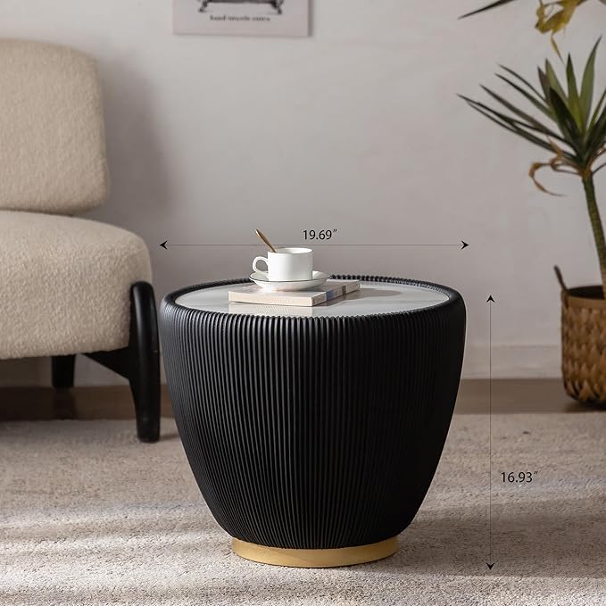 Black Round Coffee Table with Sintered Stone Tabletop, 19.69 Drum Coffee Table with Fluted PU Leather Covered and Metal Base, Circle Cocktail Tea Table for Living Room