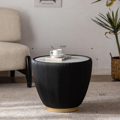 Black Round Coffee Table with Sintered Stone Tabletop, 19.69 Drum Coffee Table with Fluted PU Leather Covered and Metal Base, Circle Cocktail Tea Table for Living Room
