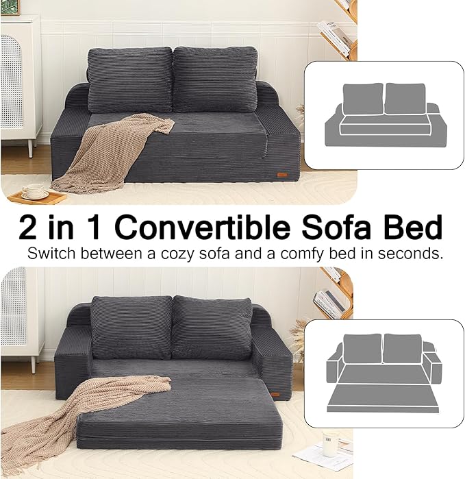 COMAX Convertible Sofa Bed Queen, Folding Floor Couch Corduroy Fold Out Couch Bed Sleeper Mattress with Back Pillows, Boneless Pull Out Loveseat Comfy Futon Lounge for Living Room Bedroom, Grey