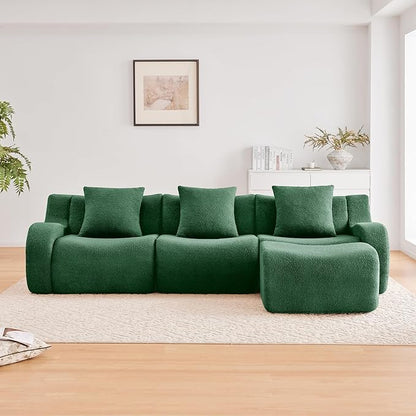 Green L-Shaped Cloud Couch with 1 Ottoman, Modern Teddy Fabric Boneless Sectional Sofa in a Box, Modular Floor Sofa for Living Room, Deep Seat, No Assembly Required, Sofas para Sala