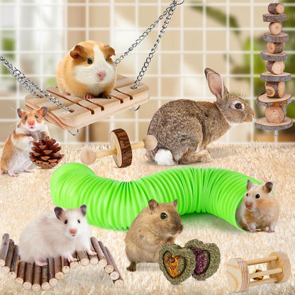 VESPRO Hamster Toys Set, Guinea Pig Toys Small Animal Chewing Toy and Rat Cage Accessories, Chinchillas, Gerbils, Rats, Rabbit Rodents Teeth Care, Apple Wood Timothy Hay Mouse Toy Swing Seesaw Bridge