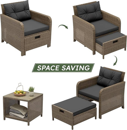 LHBcraft 5 Piece Patio Conversation Set Outdoor Patio Chairs with Ottomans Balcony Furniture with Soft Cushions & Coffee Table for Poolside Garden Balcony (Black Cushion +Yellow Rattan)