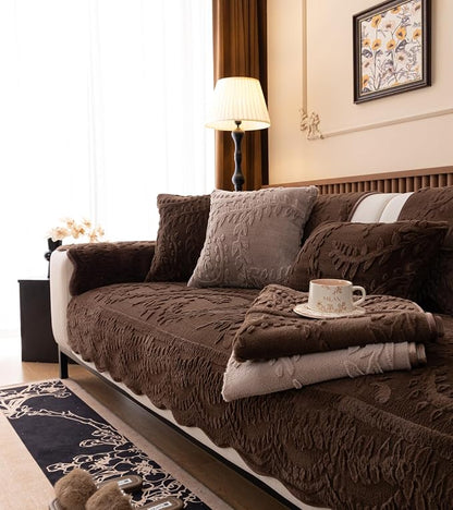 Fuzzy Rabbit Plush Sofa Cover Cozy Warm Sofa Couch Covers with 3D Jacquard Leaf Pattern Non-Slip Easy-to-Install Shaggy Sofa Slipcover Prefect for Kids Dogs Cats Cats(Caramel,36"x110")