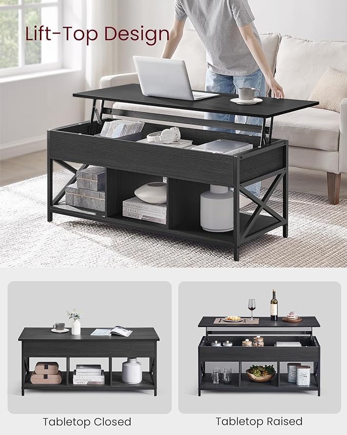 VASAGLE Lift Top Coffee Table, Lift Coffee Table with Storage Shelf, Hidden Compartments and Lifting Top, for Living Room, Office, 19.7 x 47.2 x (19.3-24.4) Inches, Black with Wood Grain ULCT212B22