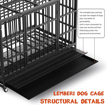 LEMBERI 48/38 inch Heavy Duty Indestructible Dog Crate, Escape Proof Dog Cage Kennel with Lockable Wheels,High Anxiety Double Door Dog Crate,Extra Large Crate Indoor for Large Dog with Removable Tray